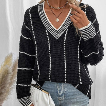Pull Décontracté Ample à Motif Vertical pour Femme
