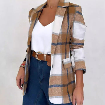 Manteau en Laine à Carreaux à Boutonnage Simple pour Femme