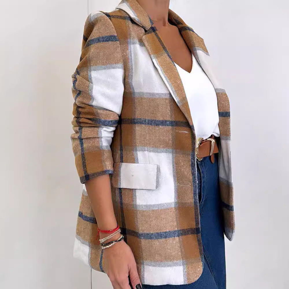 Manteau en Laine à Carreaux à Boutonnage Simple pour Femme