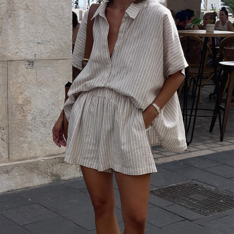 Ensemble chemise à rayures et short, style décontracté et ample